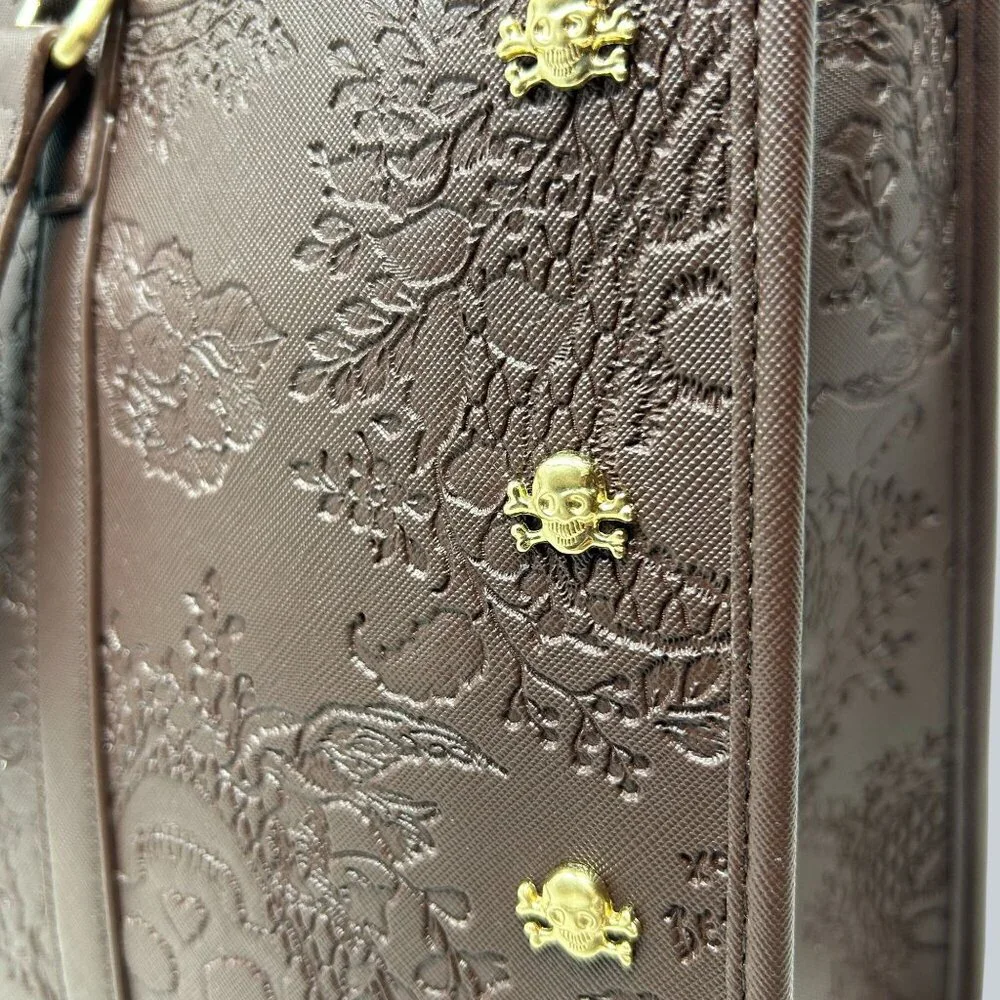 Betsey Johnson Brown Embossed Skull Tote Bag Gold Accents & Detachable Strap - Picture 5 of 12